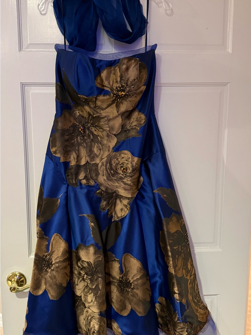 Royal Blue Midi Dress with Metallic Gold Floral Detail